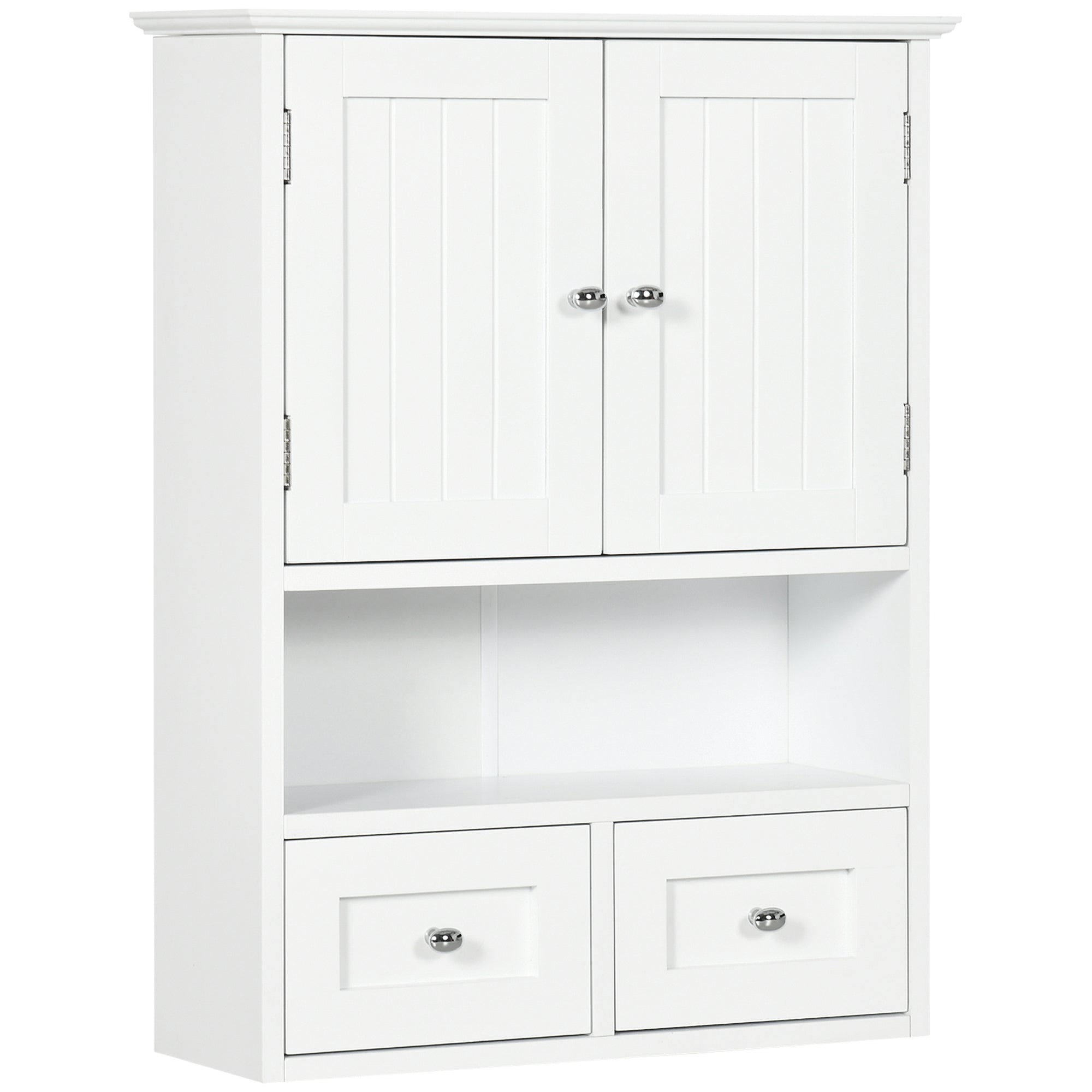 2 Door Bathroom Wall Cabinet with Open Shelf and 2 Wooden Drawers, White