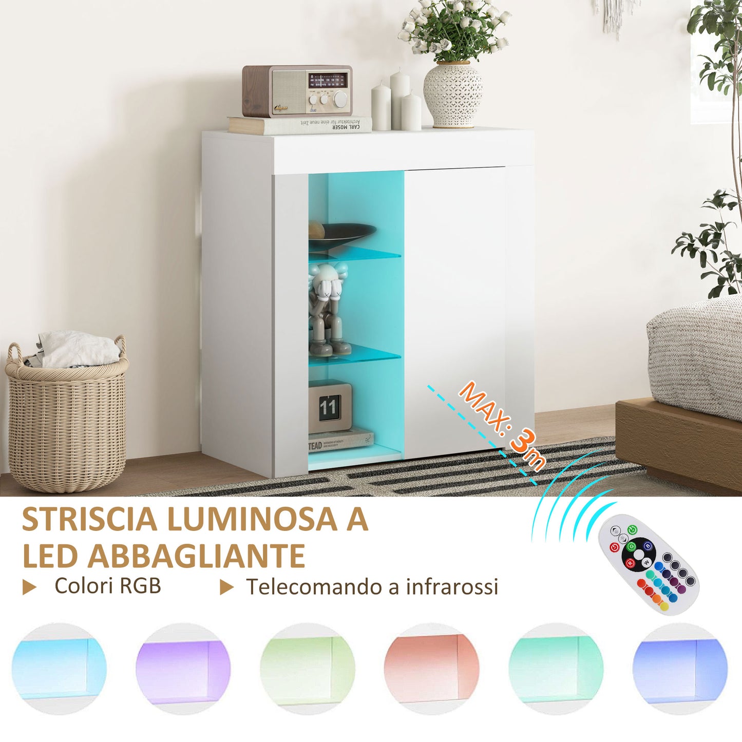 LED Storage Cabinet with 3 Open Shelves and 2-Tier Cabinet, Wood and Glass, 75x40.1x83 cm, White