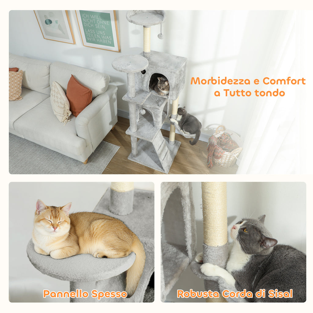 Cat Tree, 160 cm Tall, with 2 Cat Houses, Hammock, Bed and Sisal Posts, Grey