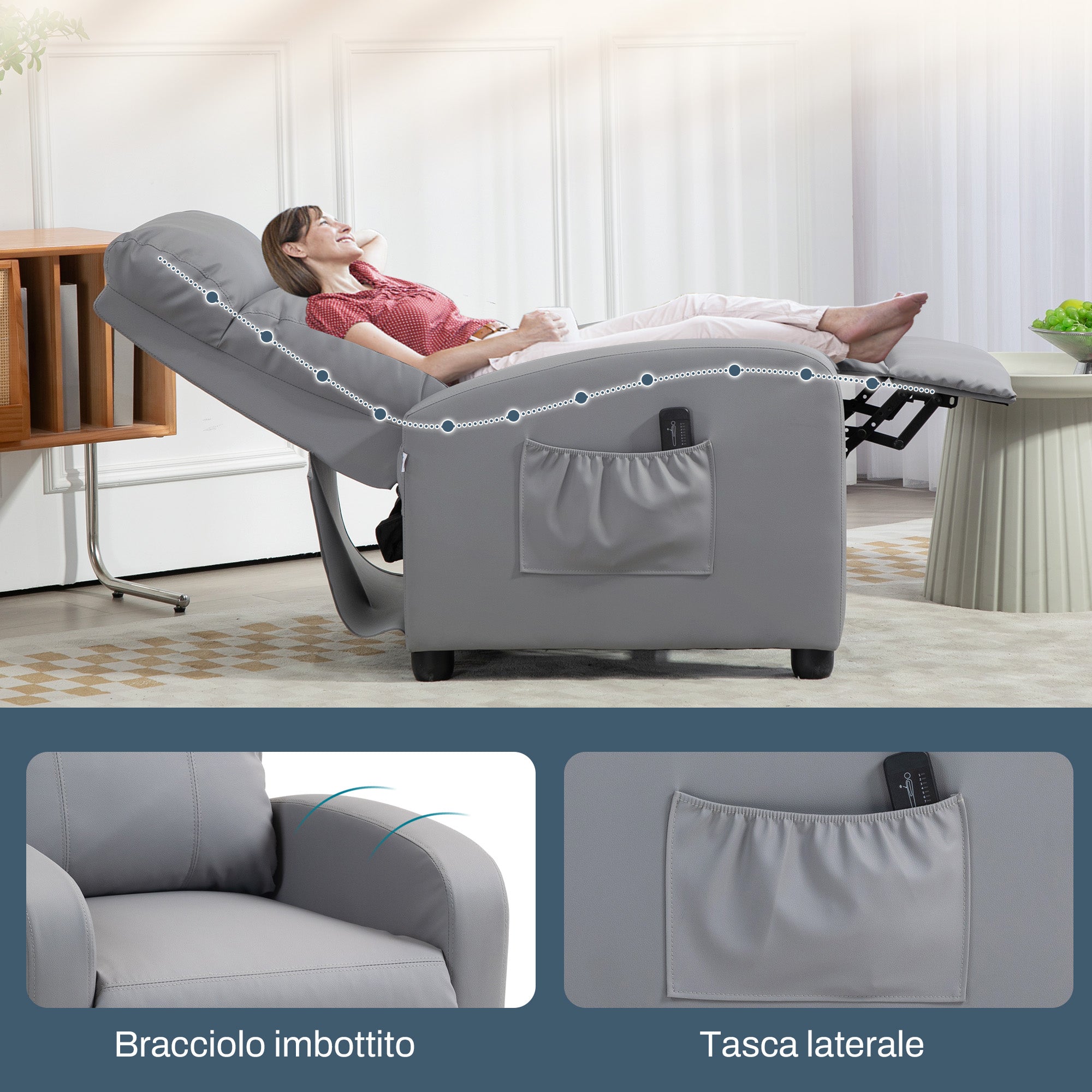 Massage Relax Chair with Remote Control and 8 Programs, Reclining and Footrest, Light Grey