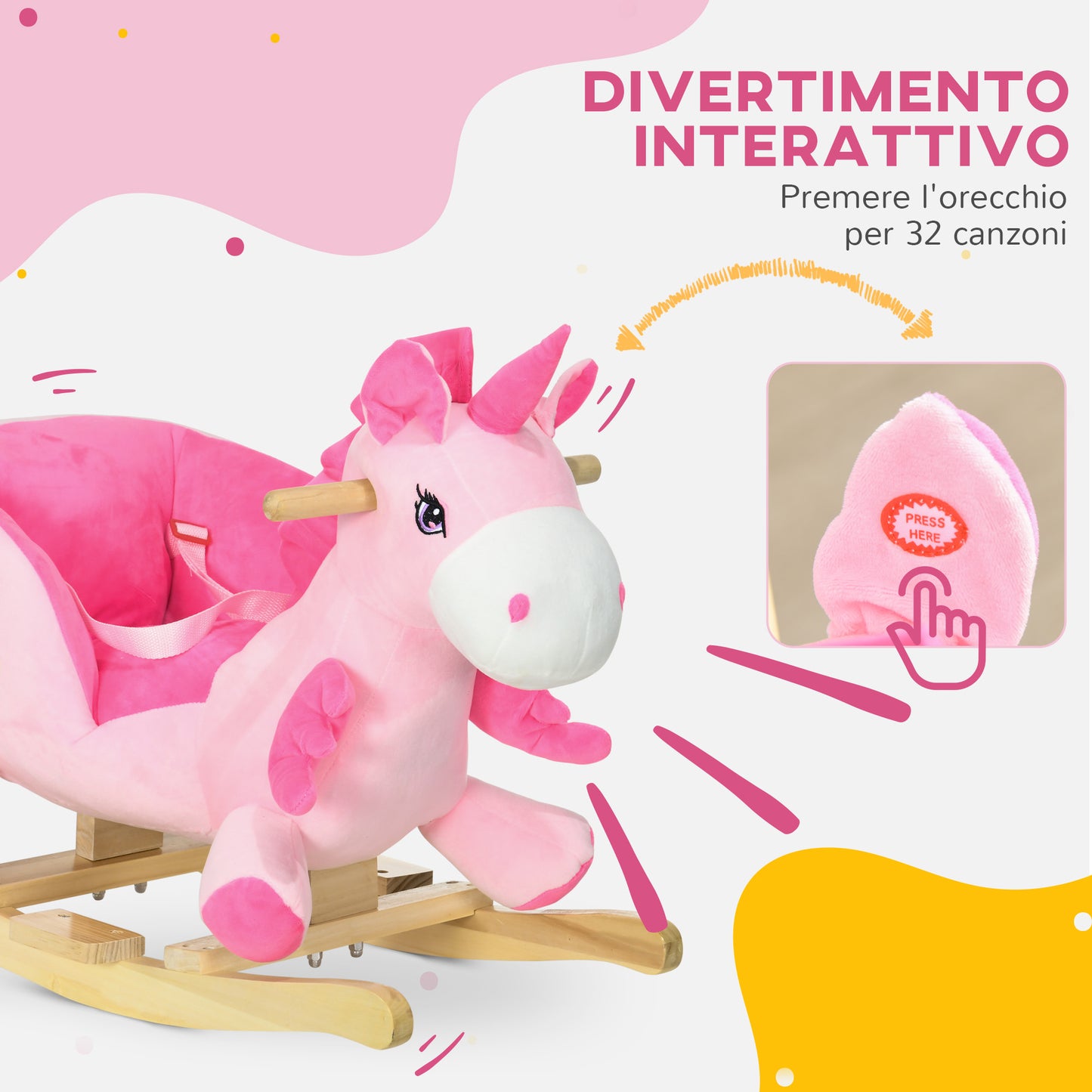 Unicorn Rocking Horse with 32 Songs, Wooden Base and Safety Belt, Age 18-36 Months, Pink - Borgè