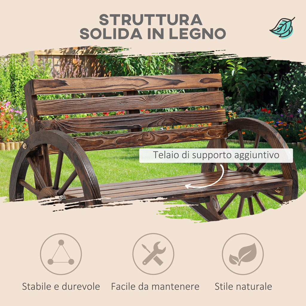 Outsunny 2-Seater Garden Bench with Slatted Frame and Wagon Wheel Armrests, Wooden, 105.5x56x79 cm, Burnt Brown