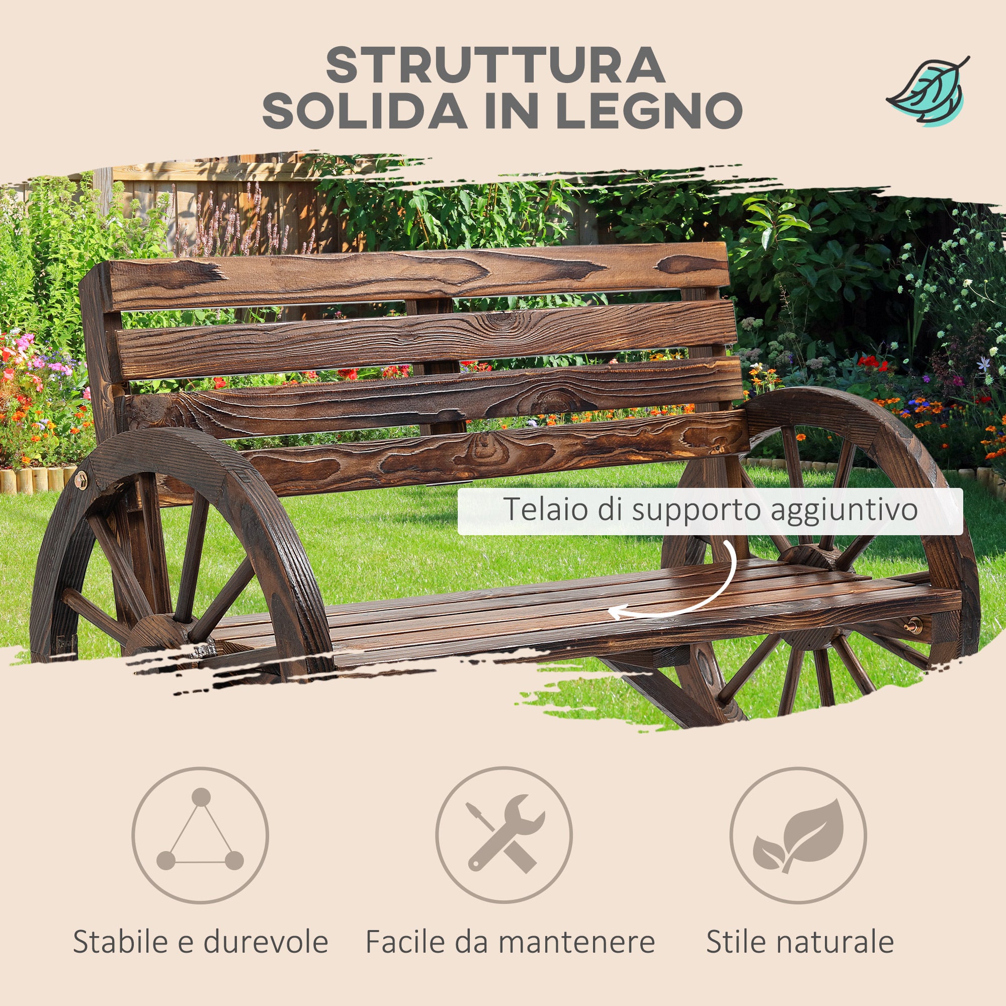 Outsunny 2-Seater Garden Bench with Slatted Frame and Wagon Wheel Armrests, Wooden, 105.5x56x79 cm, Burnt Brown