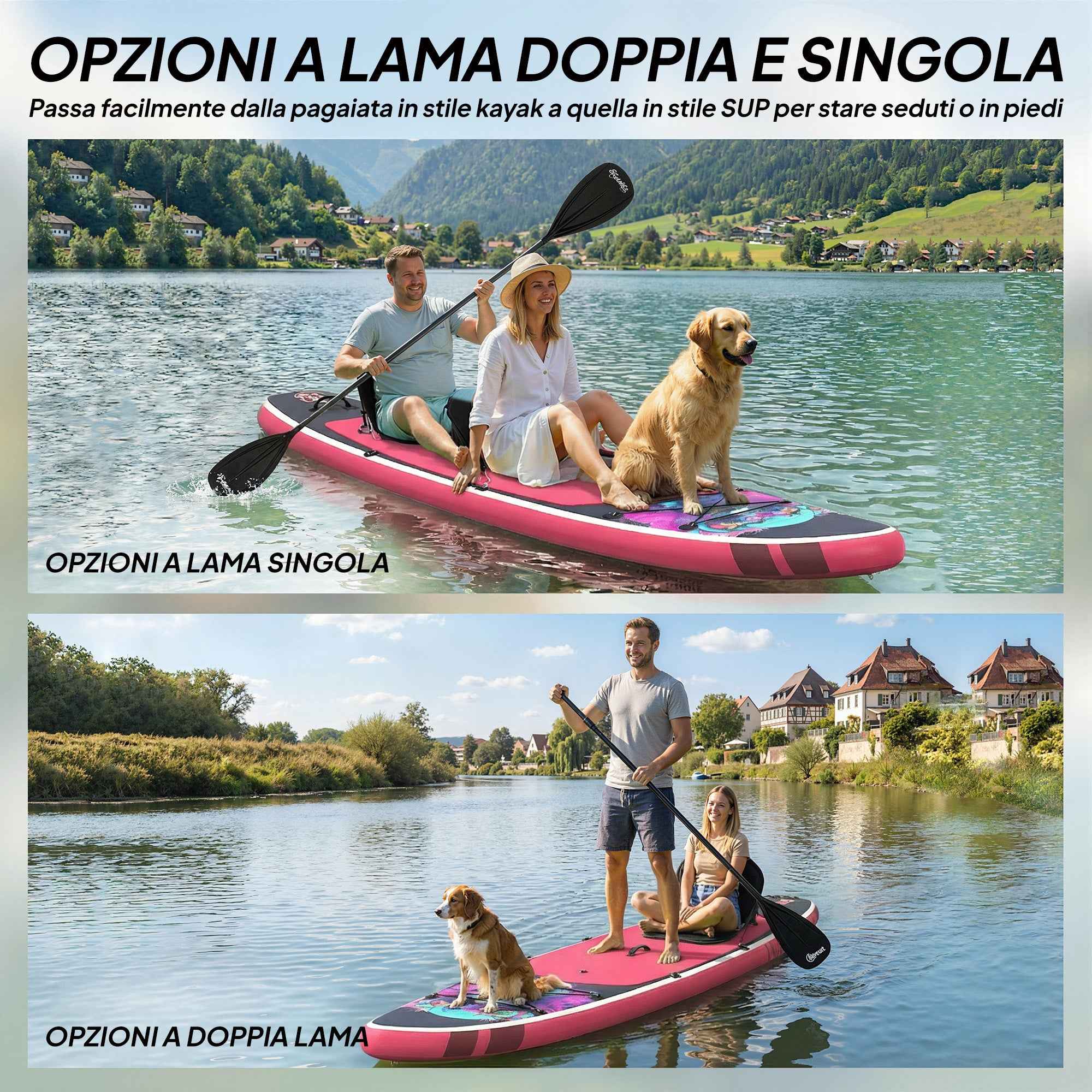 Outsunny Inflatable SUP with Seat, Paddle and Accessories, in Plastic and EVA, 335x82x15 cm, Blue and Pink