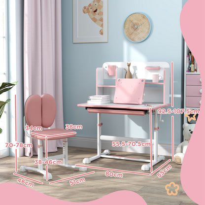 Adjustable Children's Desk and Chair Set, School Desk with Tilting Top, Drawer, Shelf, Pink