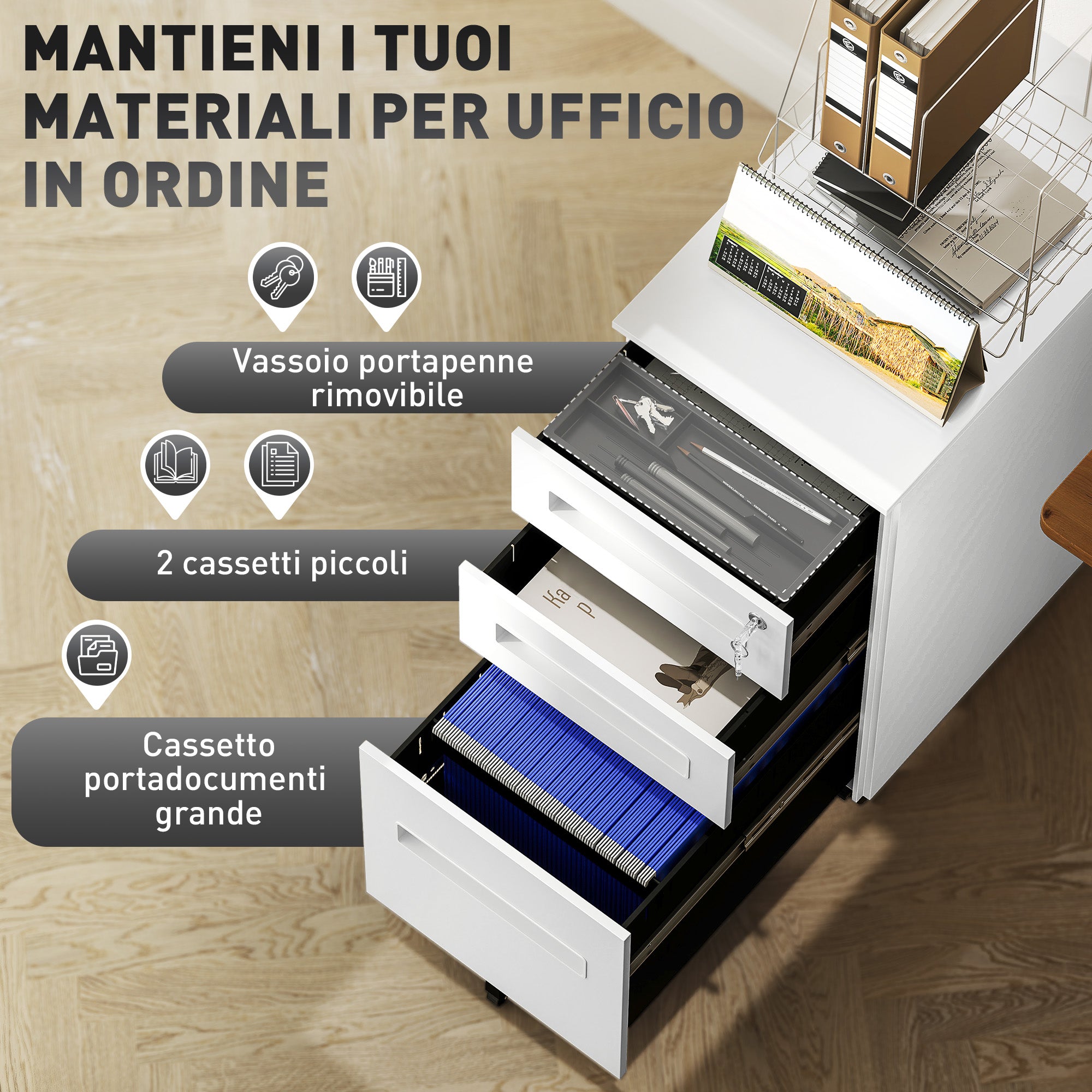 Steel Document Holder on 5 Wheels with 2 Drawers and Pen Tray, 30x43.5x60 cm, White