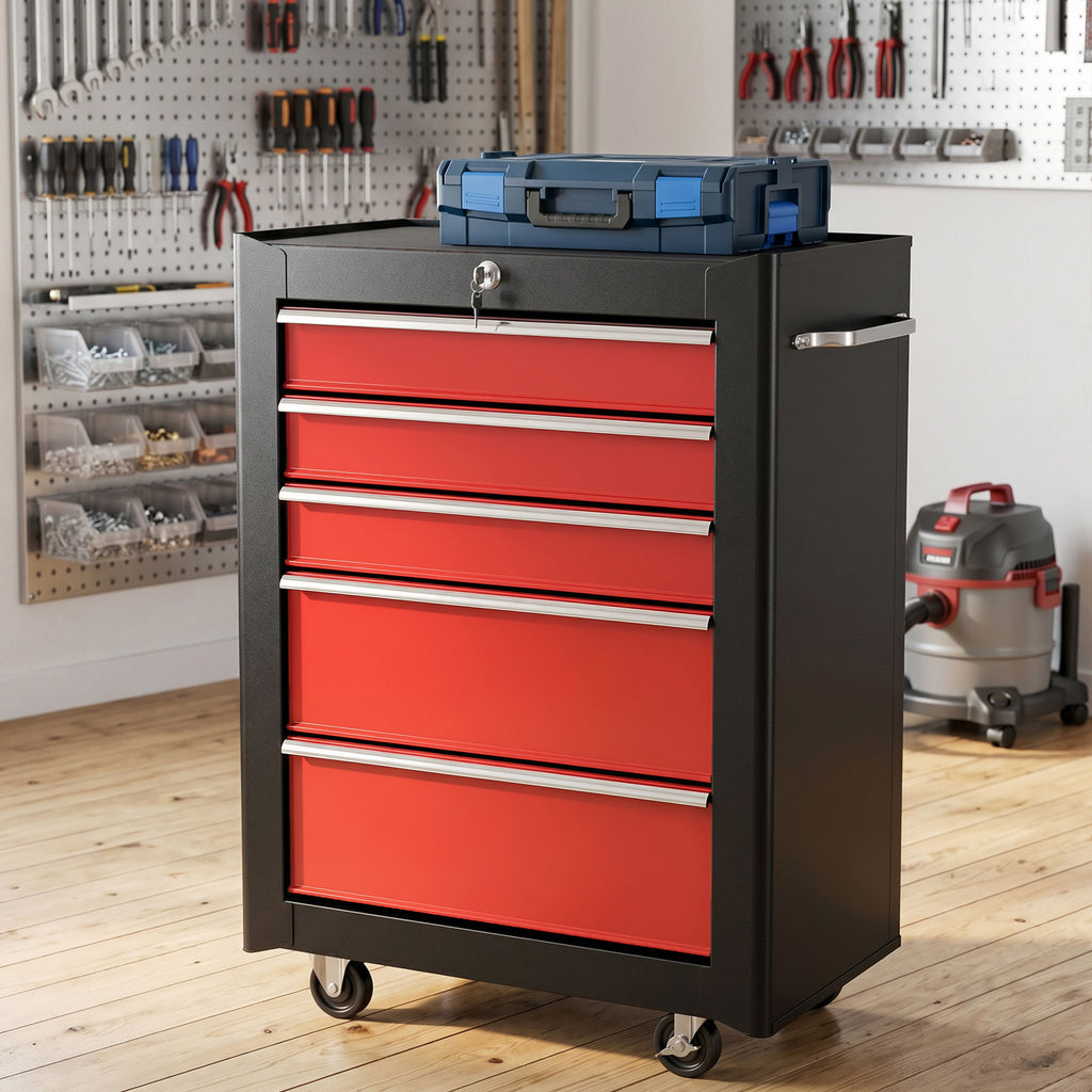 HOMCOM Tool Cart with 5 Drawers, EVA Mats, Lock and 2 Keys, 4 Swivel Wheels, Black Red