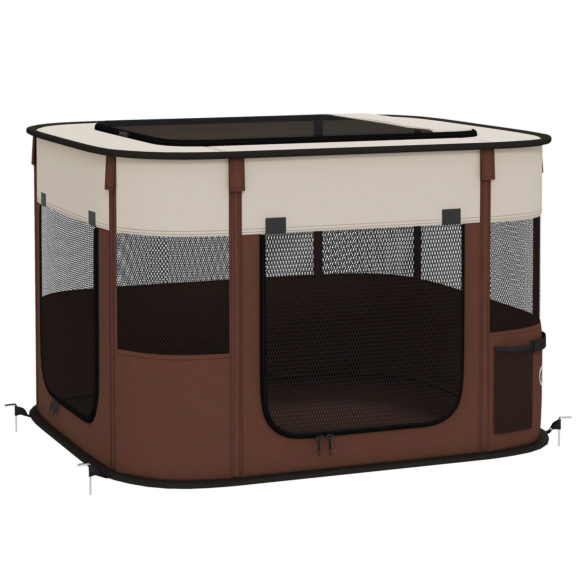 PawHut Pet Playpen with 6 Windows, 3 Doors and 2 Storage Bags, Polyester and Steel, 74x60x45 cm, Brown