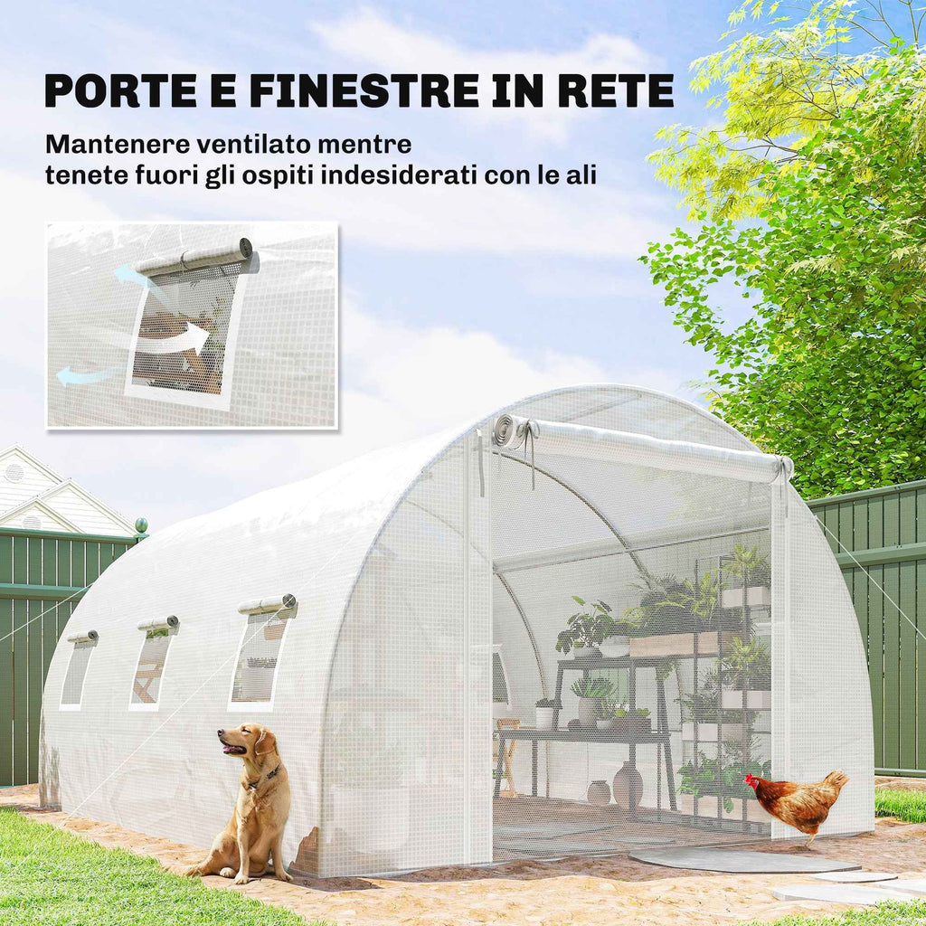 Outsunny Tunnel Greenhouse with 2 Removable Poles and Mesh Doors and Windows, in Galvanized Steel and PE, 396x300x200 cm, White