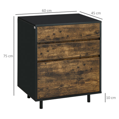 Chest of Drawers with 3 Drawers in Chipboard in Rustic Style, 60x45x75cm, Brown and Black