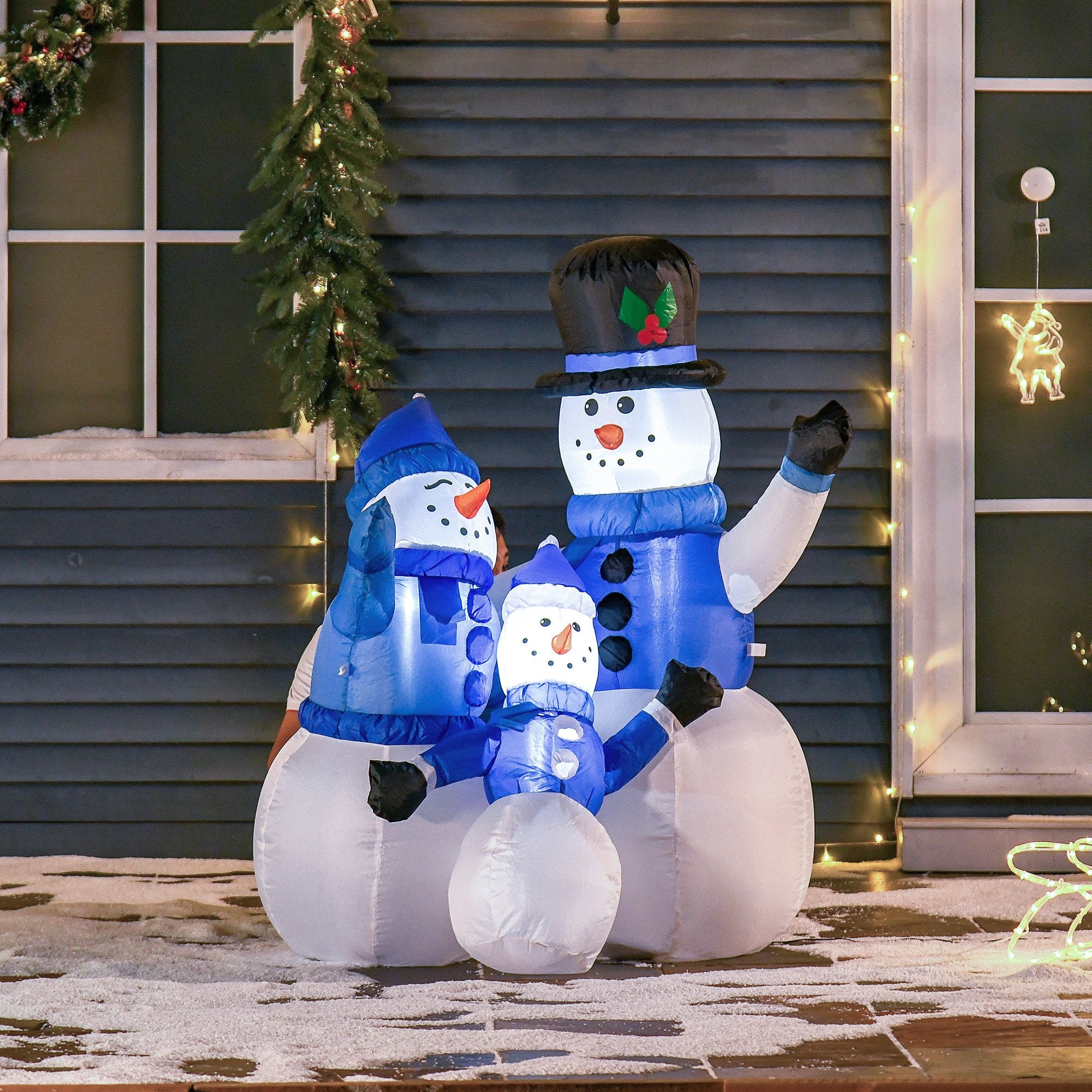 Outdoor Inflatable Snowmen 120cm, Luminous, Waterproof Christmas Decoration with Pegs and Ropes, White Blue