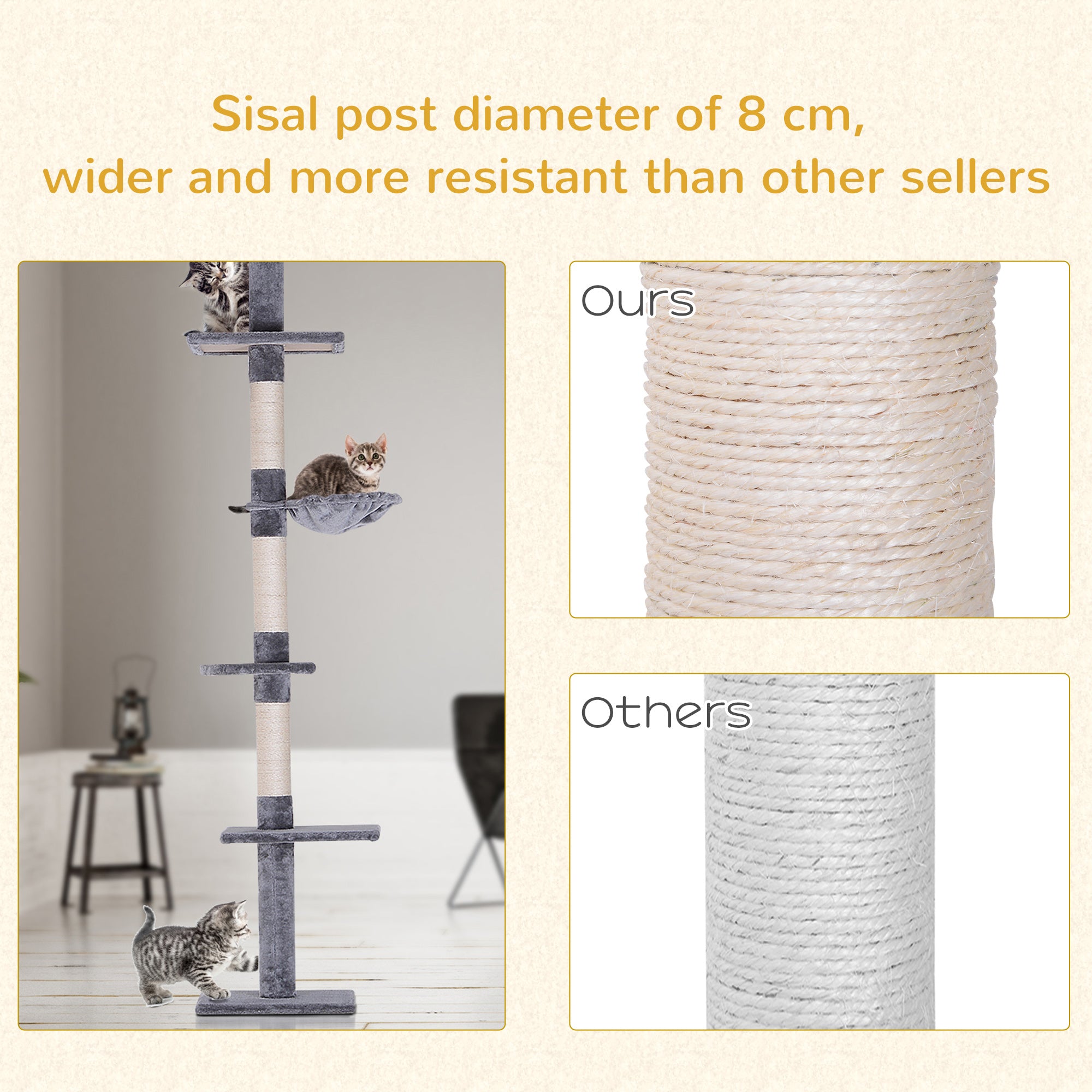 4-Tier Scratching Tree with Adjustable Height, in Chipboard, Plush and Sisal, 40x34x230-260 cm, Gray - Borgè