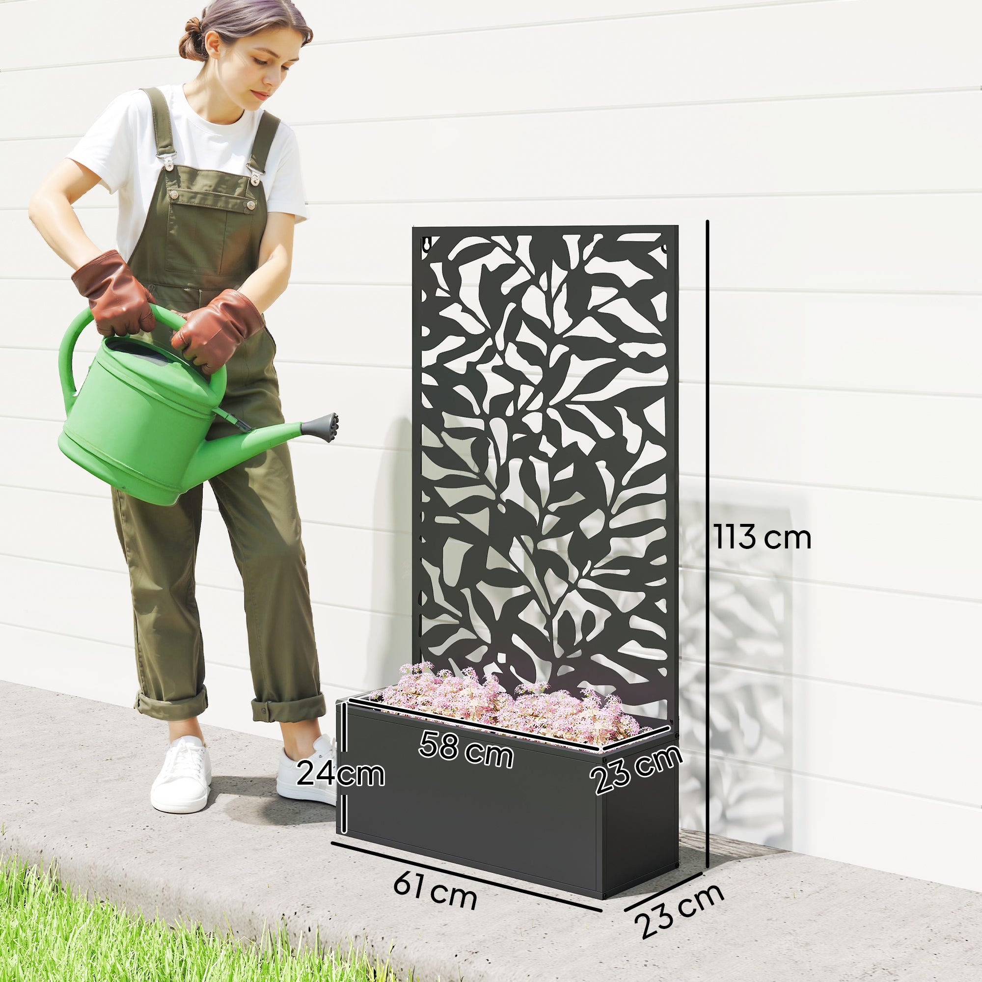 Outsunny Steel Planter with Trellis for Climbing Plants, Wall or Ground Mounting, 61x23x113 cm, Black