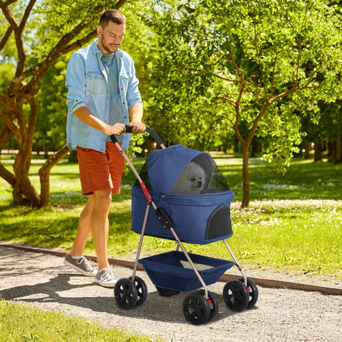 3 in 1 Foldable Dog Stroller with Carrying Bag and Bottom Basket, Blue