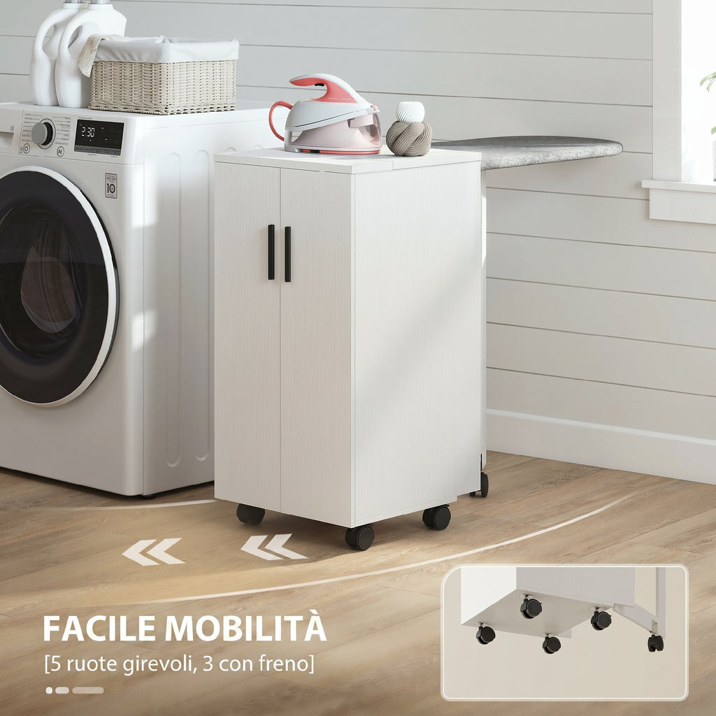 Folding Ironing Board with Wheels, Adjustable Shelf, Soft Close, Wood and Fabric, 128x43x83 cm, White