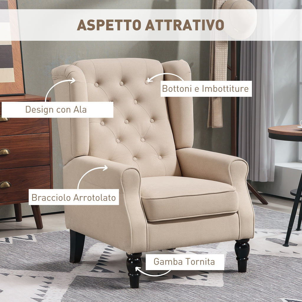 French Style Living Room Armchair with Padded Seat and Cushions, Polyester, 74x86x102 cm, Beige