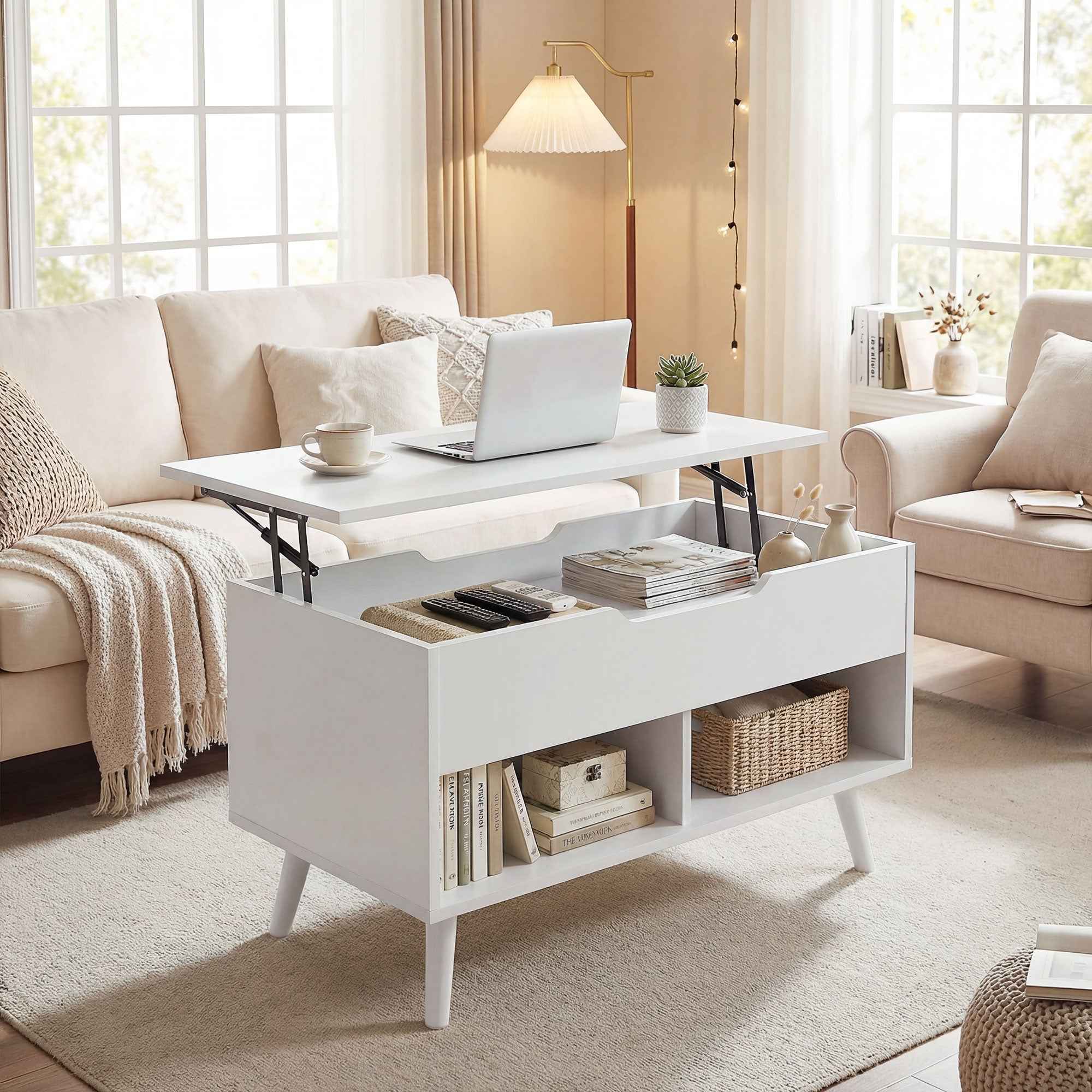 HOMCOM 75cm White Punched Coffee Table with Lift-Up Top and Hidden Storage