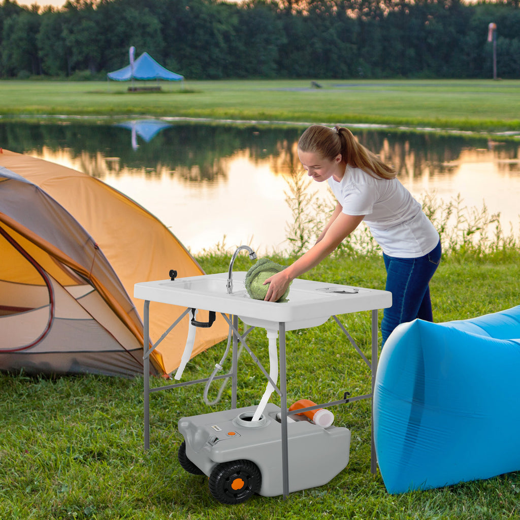 22L Camping Water Tank with Wheels and Handle and Swivel Spout, Gray