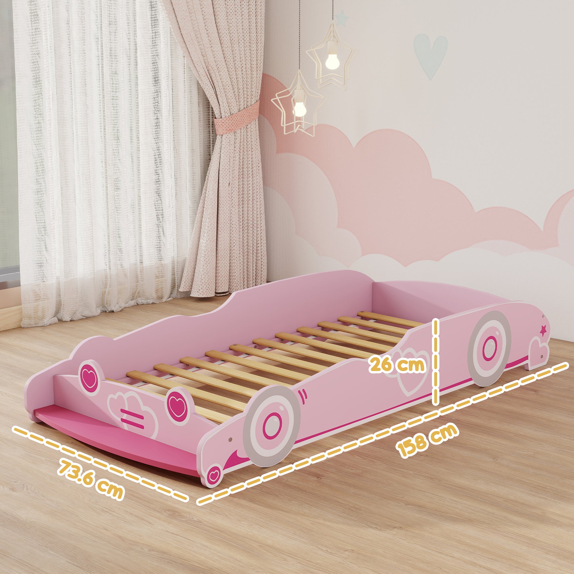 Car-Shaped Children's Bed with Raised Safety Sides for 3-5 Year Olds, 140x70 cm, Pink