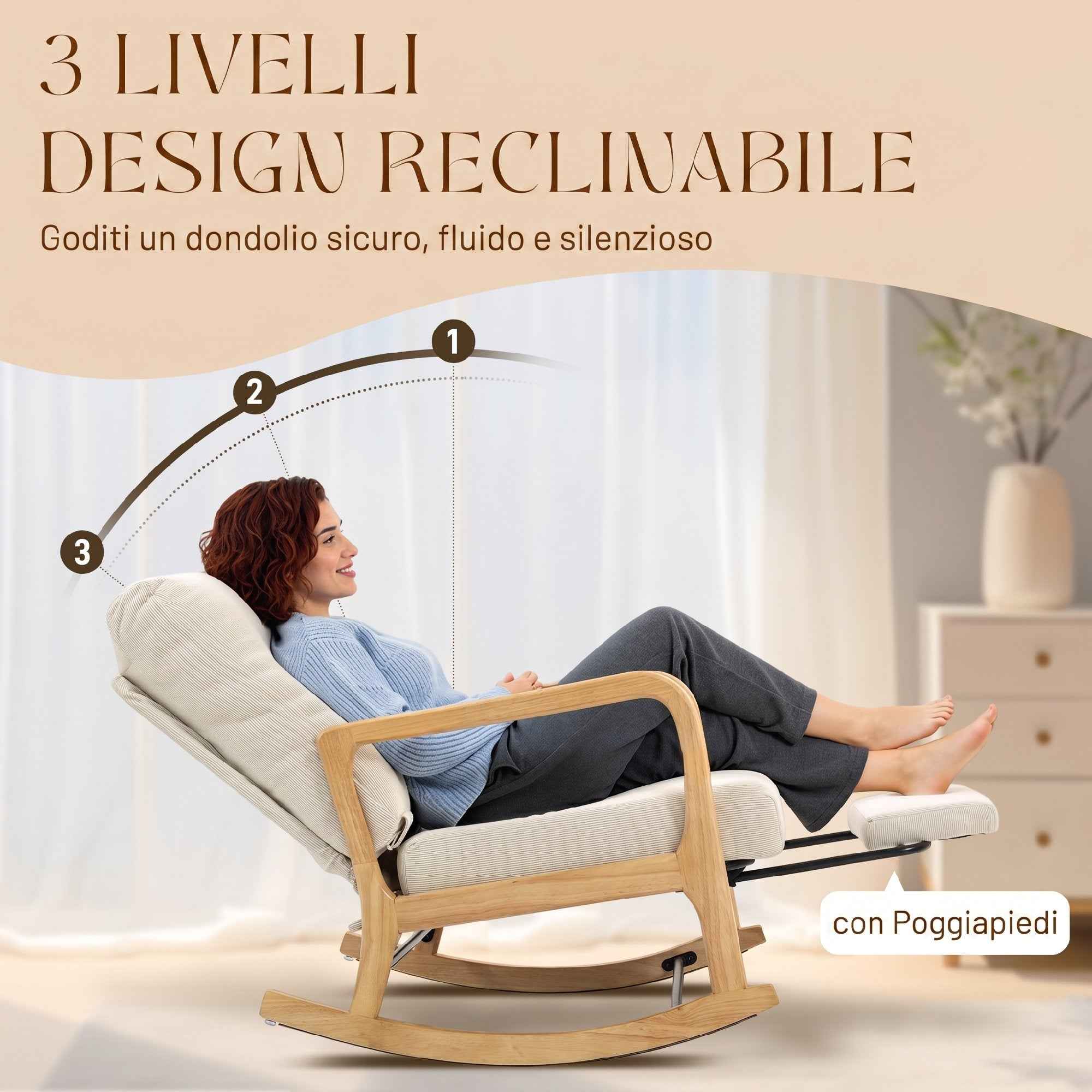 HOMCOM Corduroy Rocking Chair with Footrest, Reclining Backrest, Scandinavian Style, Cream