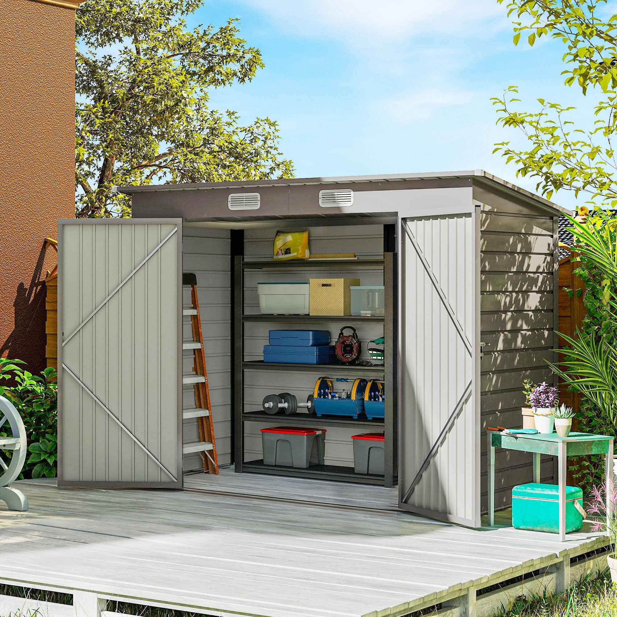 Outsunny Steel Tool Shed with 2 Vents and Latch, 249x121x183 cm, Light Grey
