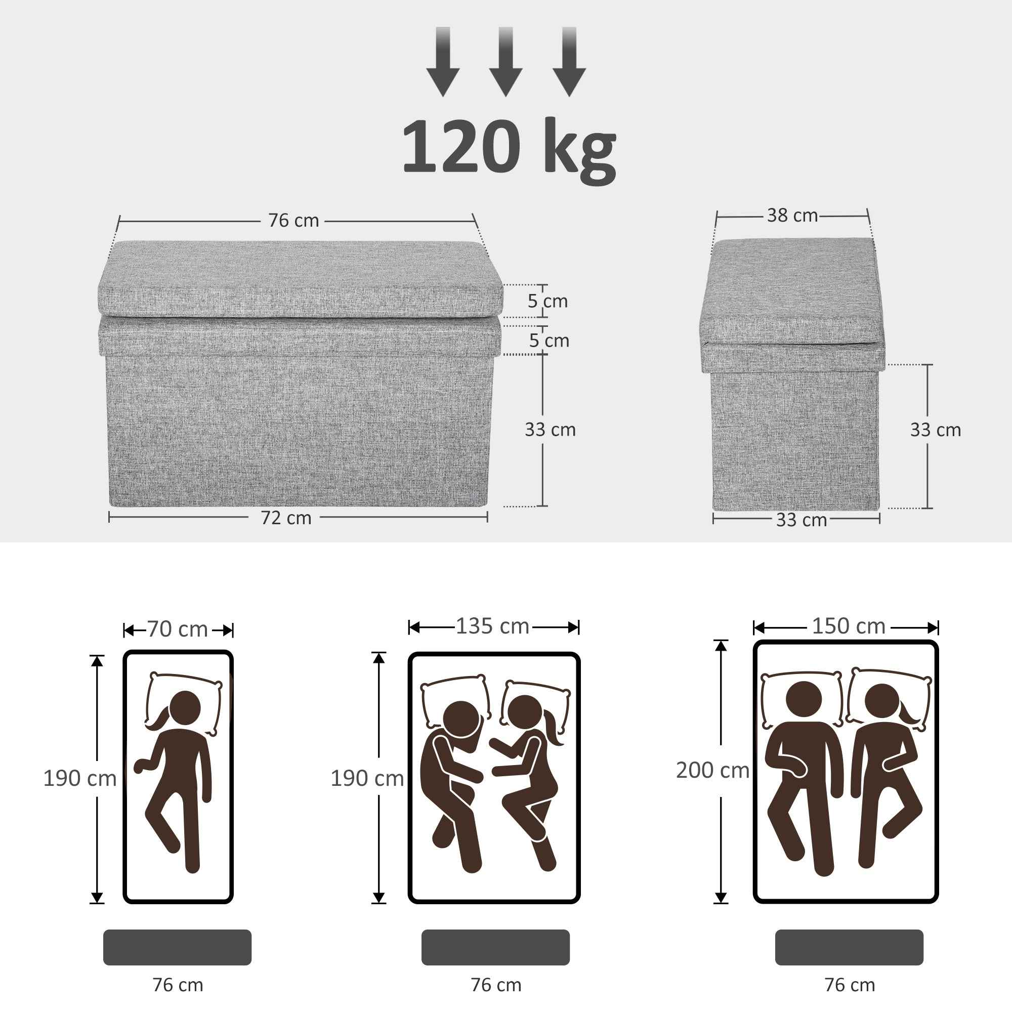 HOMCOM Folding Storage Bench with Backrest and 77L Storage Compartment, Fabric Upholstery, 76x50x73 cm, Grey