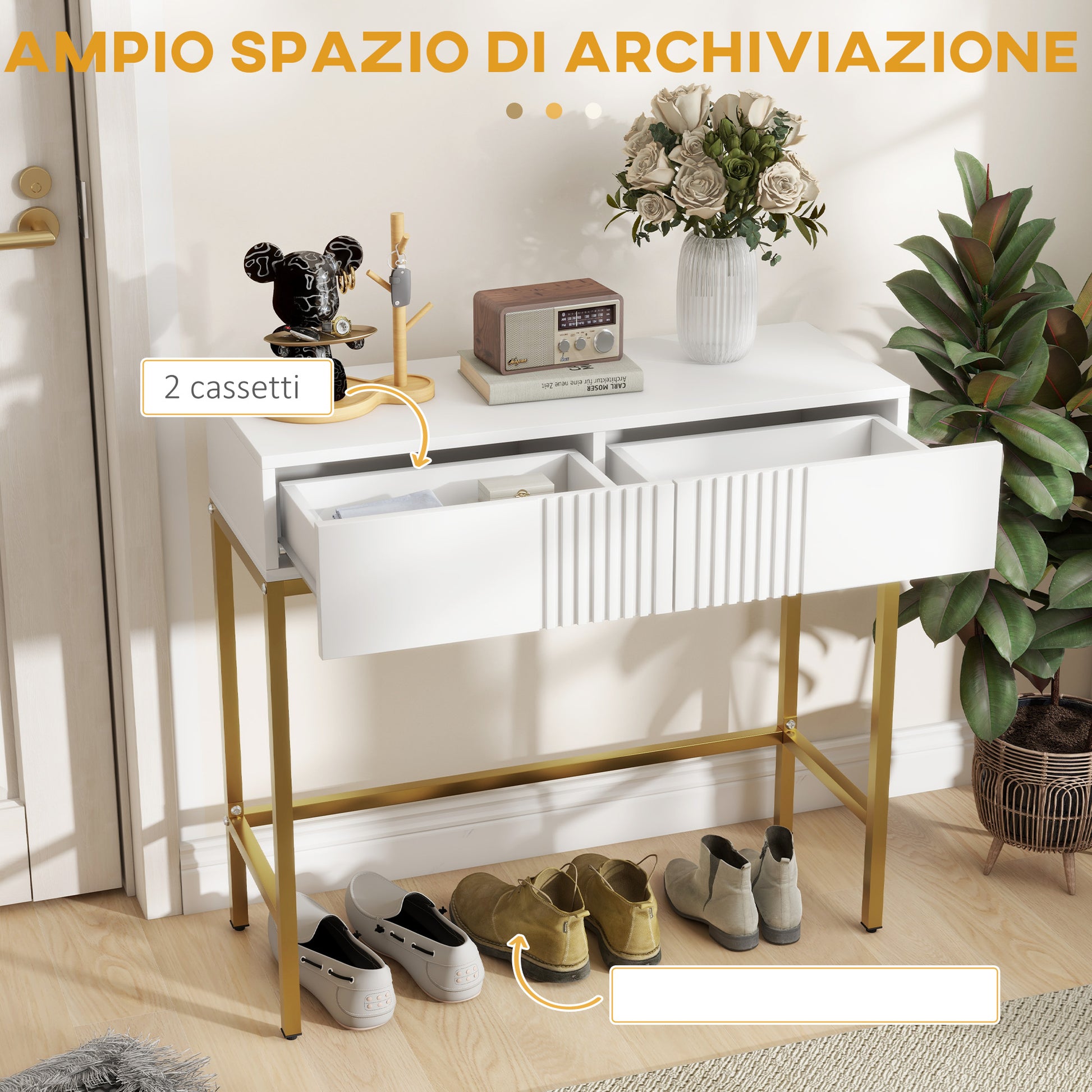 Modern Entryway Console Table with 2 Drawers and Golden Legs, 80x31.5x75cm, White - Borgè