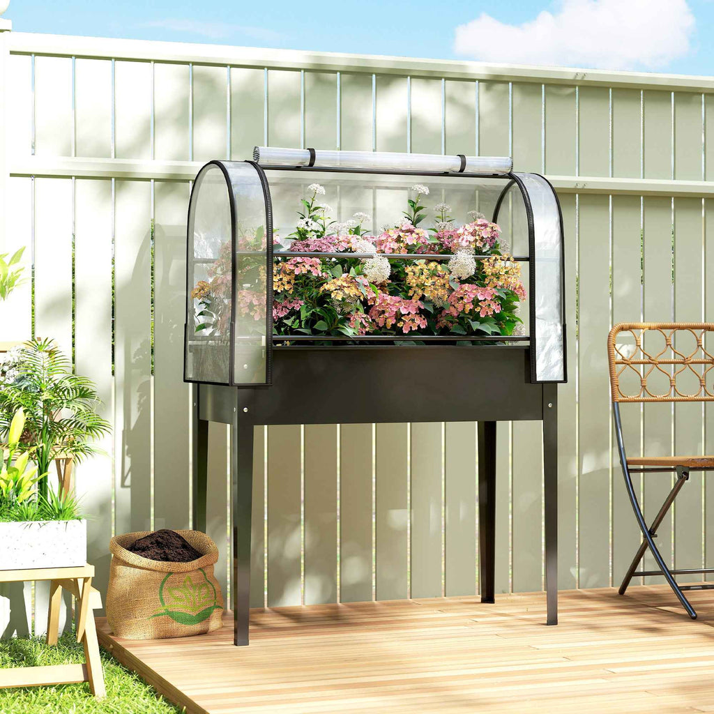 Outsunny Raised Vegetable Garden Bed with Mini Greenhouse Cover and Drainage Hole, 100x49x136 cm, Black