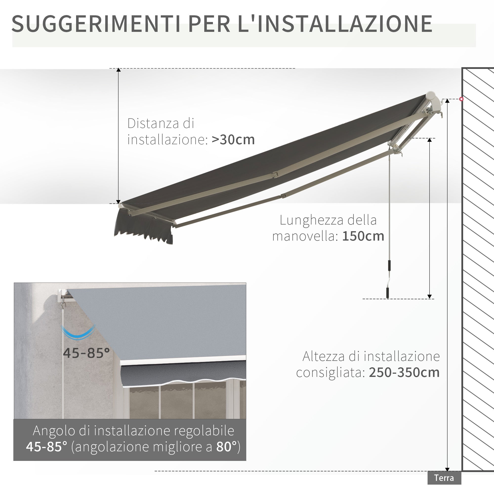 Outsunny sun tent for outdoor outbuilding with metal and aluminum crank, 395x245 cm, gray - Borgè