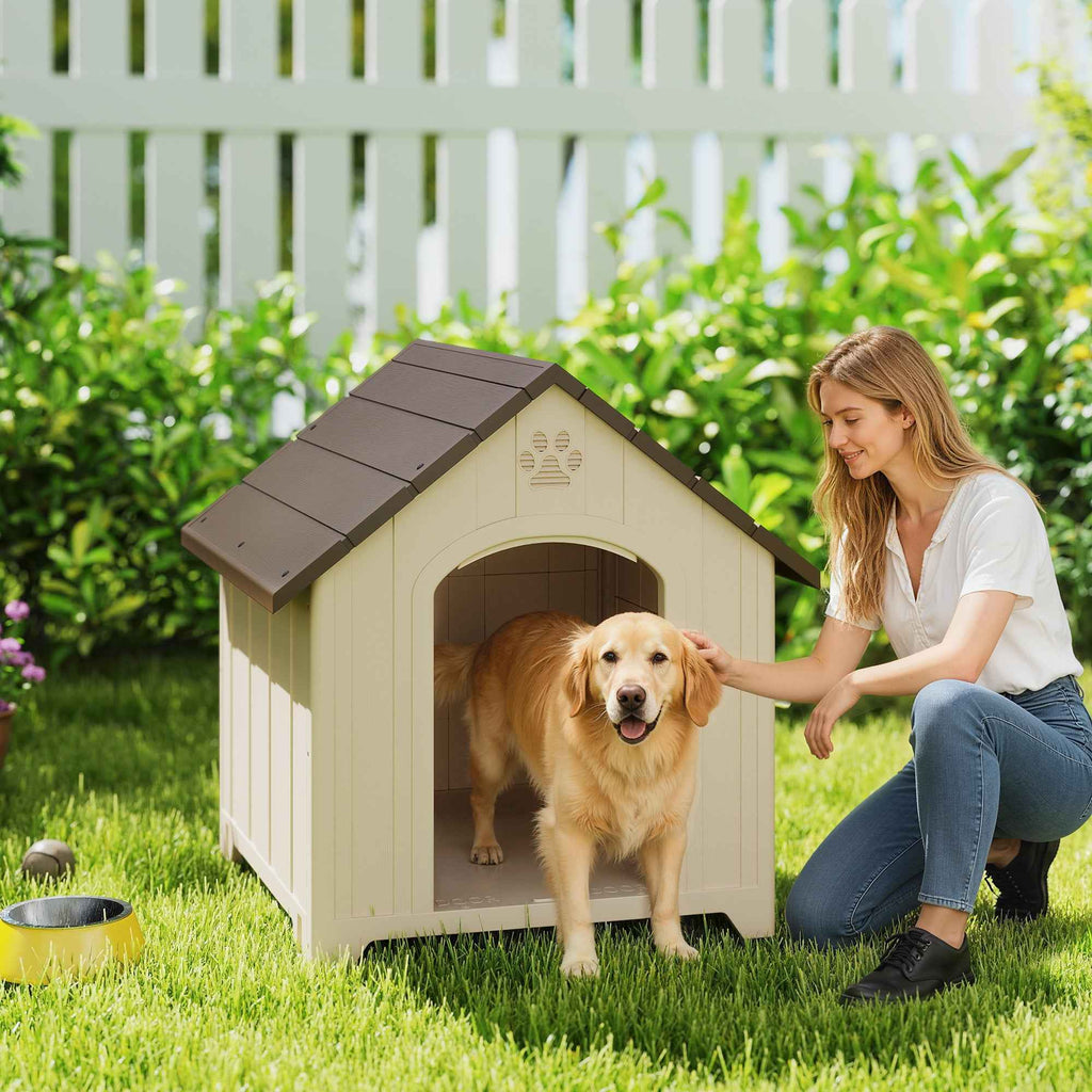 PawHut Raised Dog Kennel with Sloped Roof and Air Vents, PP, 88x78x89 cm, Beige and Dark Brown