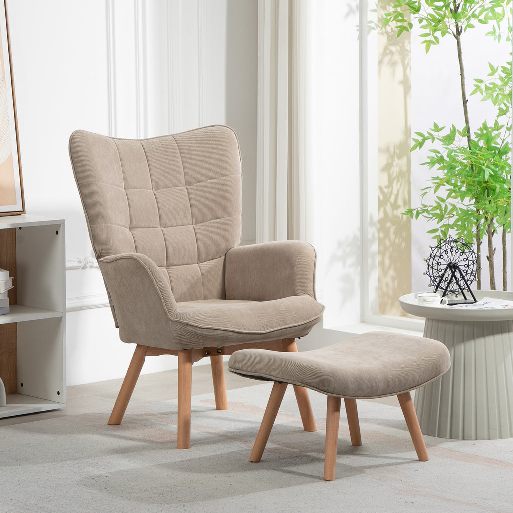 Contemporary Velvet Fabric Armchair with Footstool, 72x80x101 cm, Light Brown