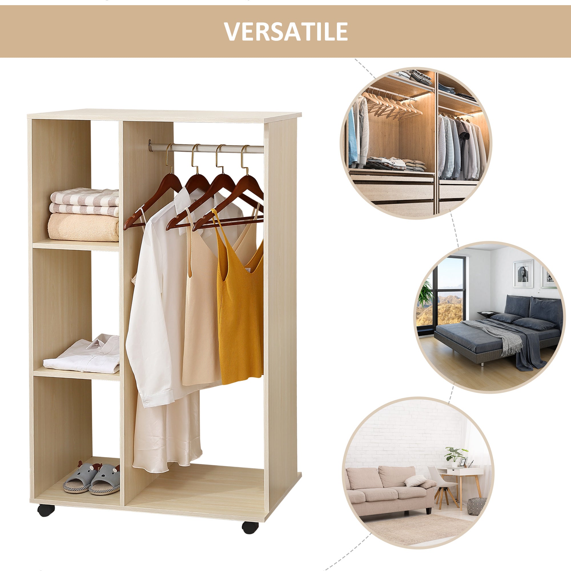 Coat Rack with 3 Shelves and Coat Rail, 80x40x128 cm, Beige