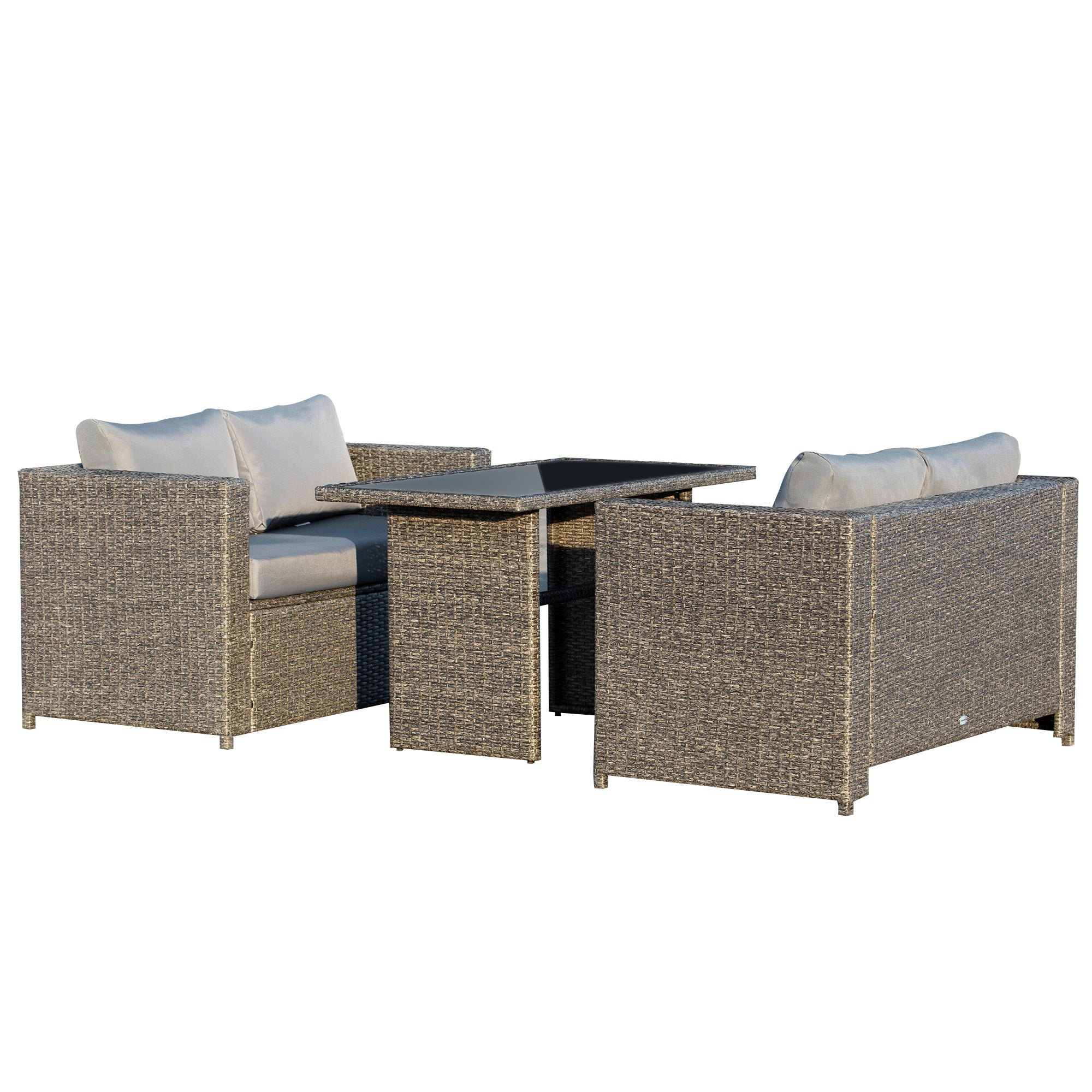 3-Piece Garden Furniture Set with 2 Sofas with Cushions and 1 Table in PE Rattan, Outdoor Lounge Set in Grey and Black