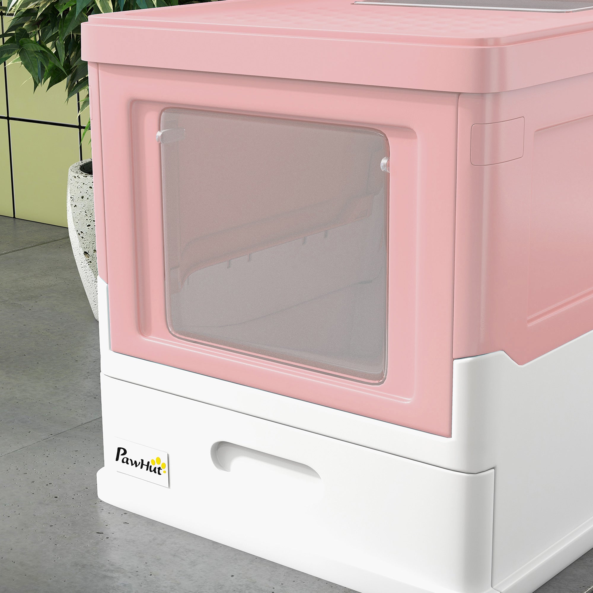 Closed PP Cat Litter Box with 2 Doors with Scoop and Removable Tray, 47.5x35.5x36.7 cm, Pink and White