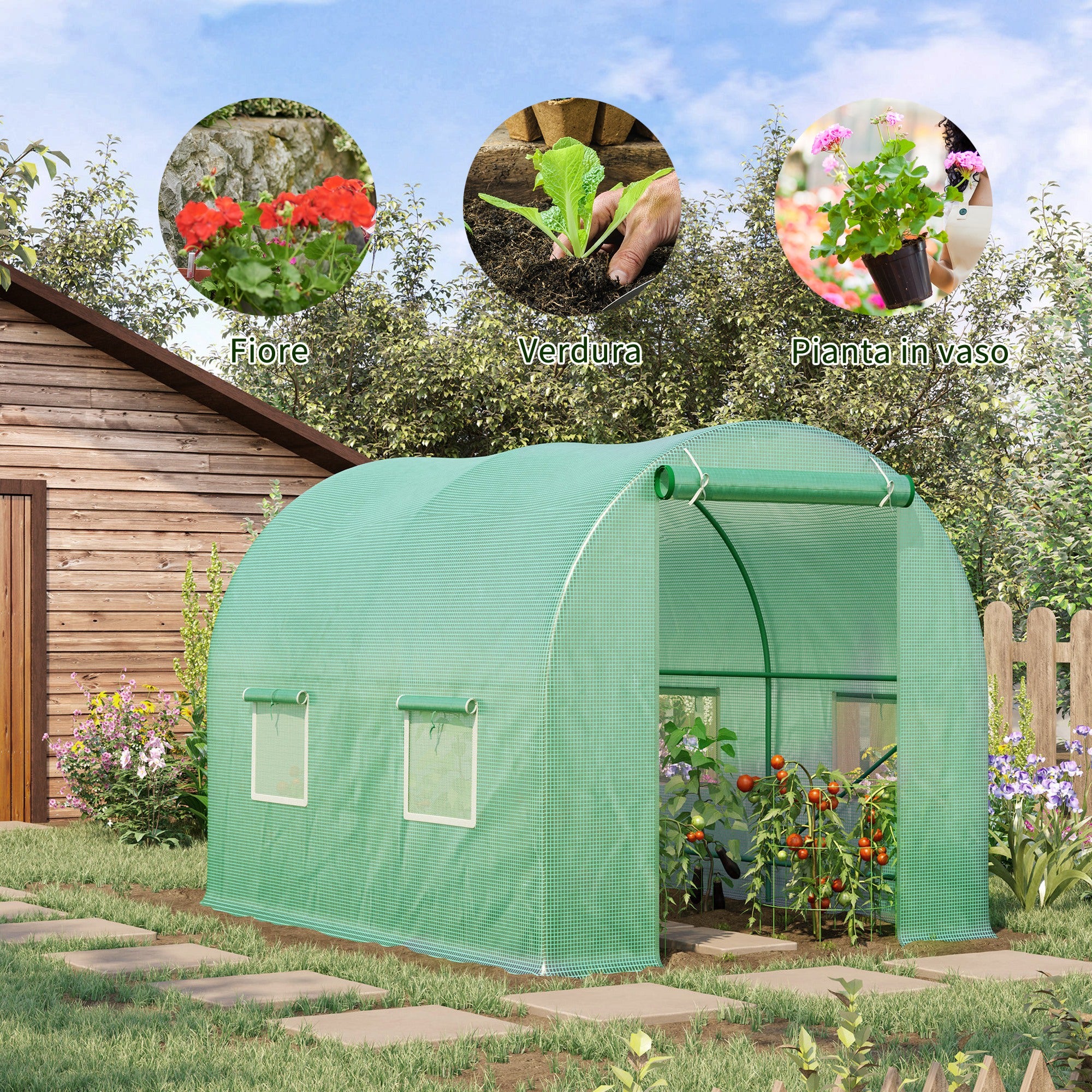 Outsunny Garden Greenhouse Steel Frame and 4 PE Windows 2.5x2x2m, Green