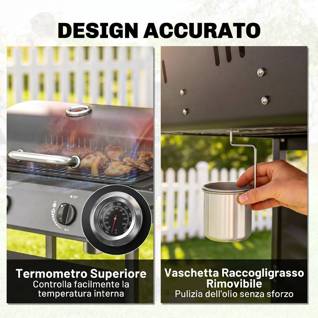 Outsunny Gas Barbecue, 2 Burners, Side Tables, Grease Tray, Black.