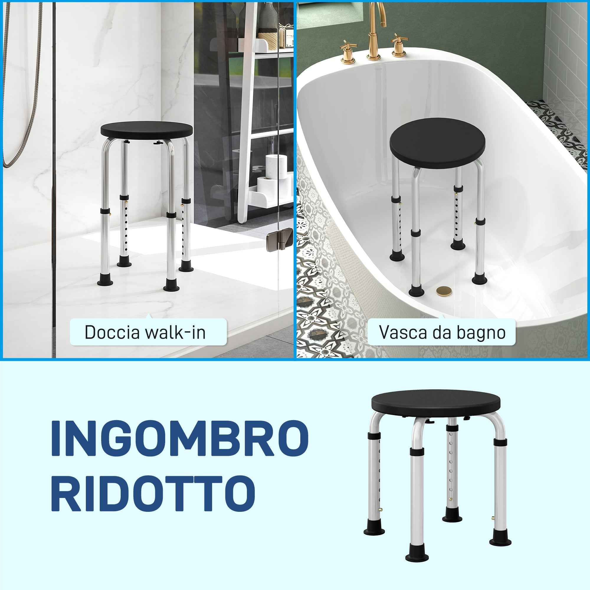 HOMCOM Non-Slip Shower Stool, Adjustable to 8 Heights, Made of Aluminum and PE, 32.5 x 41 x 35.5-54 cm, Black