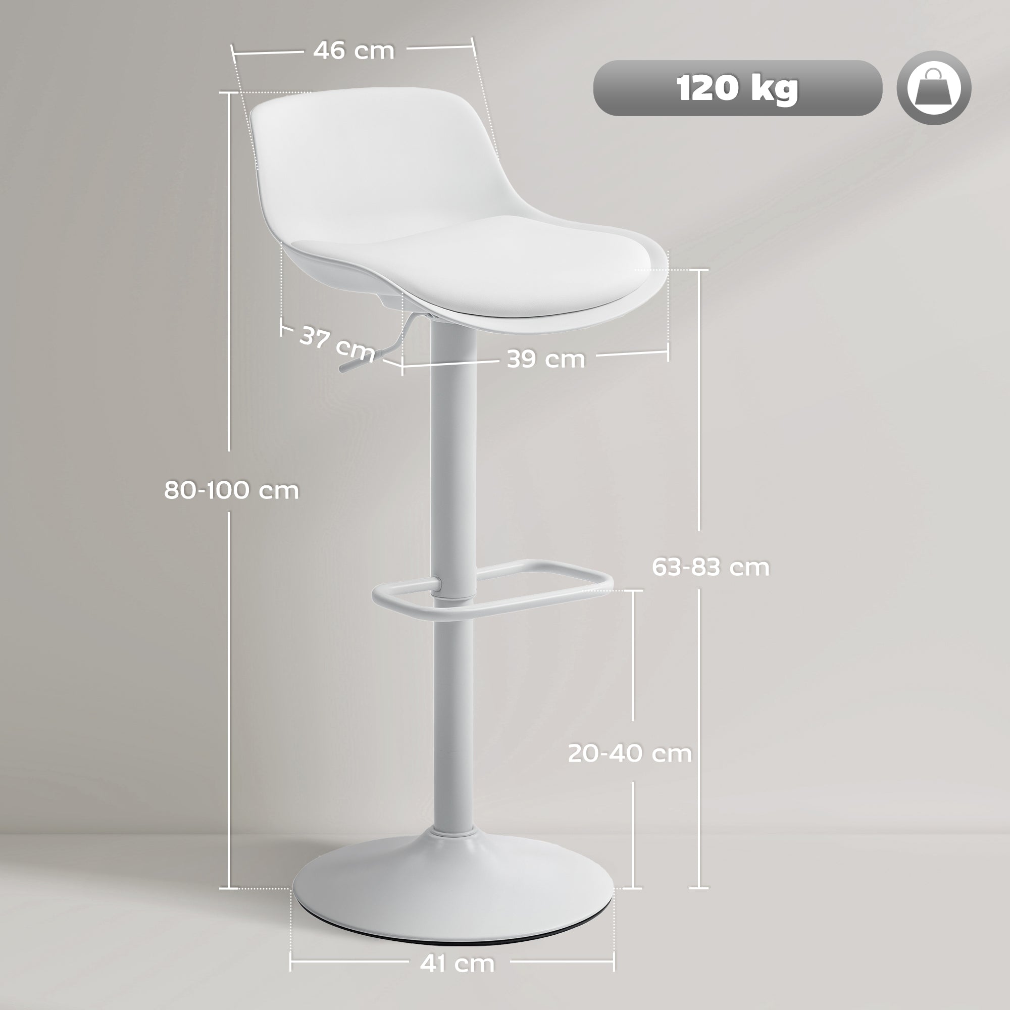 Set of 2 Bar Stools with Backrest, Adjustable Height, Swivel PU Leather Seat and Footrest, White