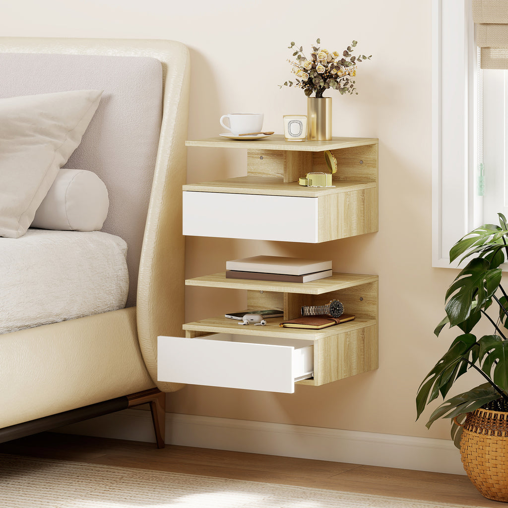 HOMCOM Set of 2 Floating Bedside Tables with Drawer and Open Shelf, 35x32x22.5 cm, White and Oak