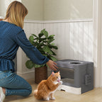 Enclosed Cat Litter Box with Lid and Double Entry, Removable Tray, Scoop and Brush, Grey