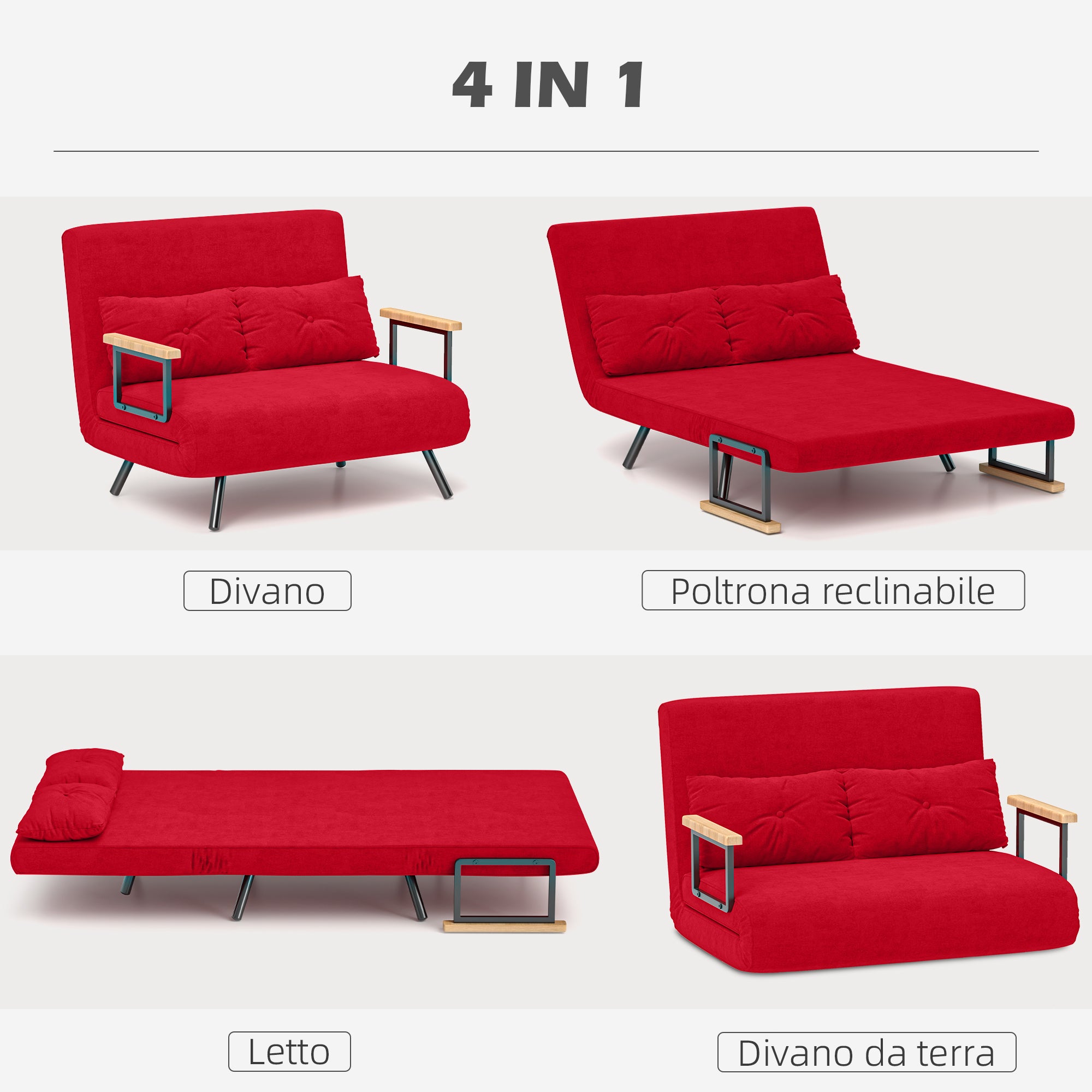 Velvet Fabric Sofa Bed with Adjustable Backrest and 2 Cushions, 102x73x81 cm, Red