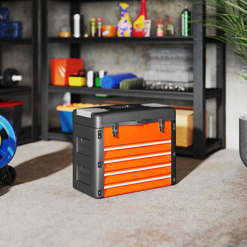 HOMCOM 4-Drawer Tool Box with Top Compartment in Steel and Plastic, Orange and Black