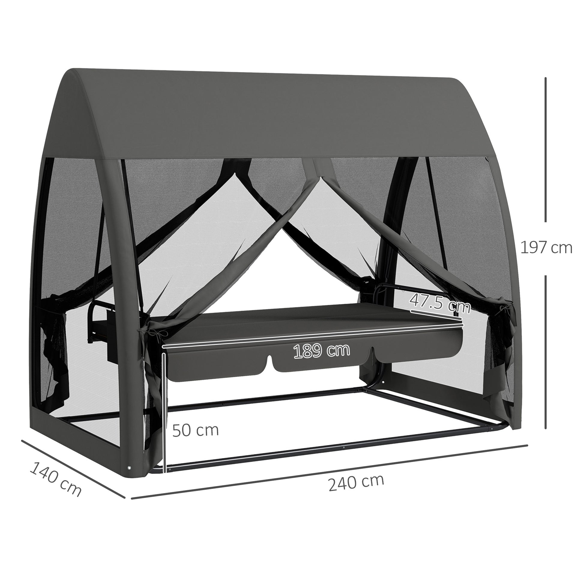 Outsunny Garden Swing 2 in 1 Convertible into a Bed with Cushions and Mosquito Net, 240x140x197 cm, Gray - Borgè