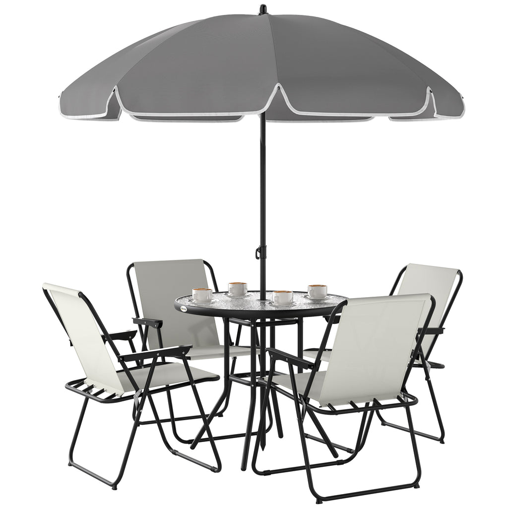 6 Piece Steel Garden Set with 4 Folding Chairs, Umbrella and Round Table, Cream, Grey and Black