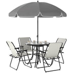 6 Piece Steel Garden Set with 4 Folding Chairs, Umbrella and Round Table, Cream, Grey and Black