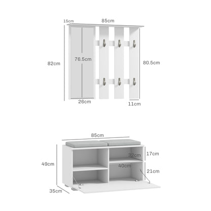 Hallway Furniture Set with Coat Rack, Mirror, Bench with Cushions and Shoe Rack for 8 Pairs of Shoes, White