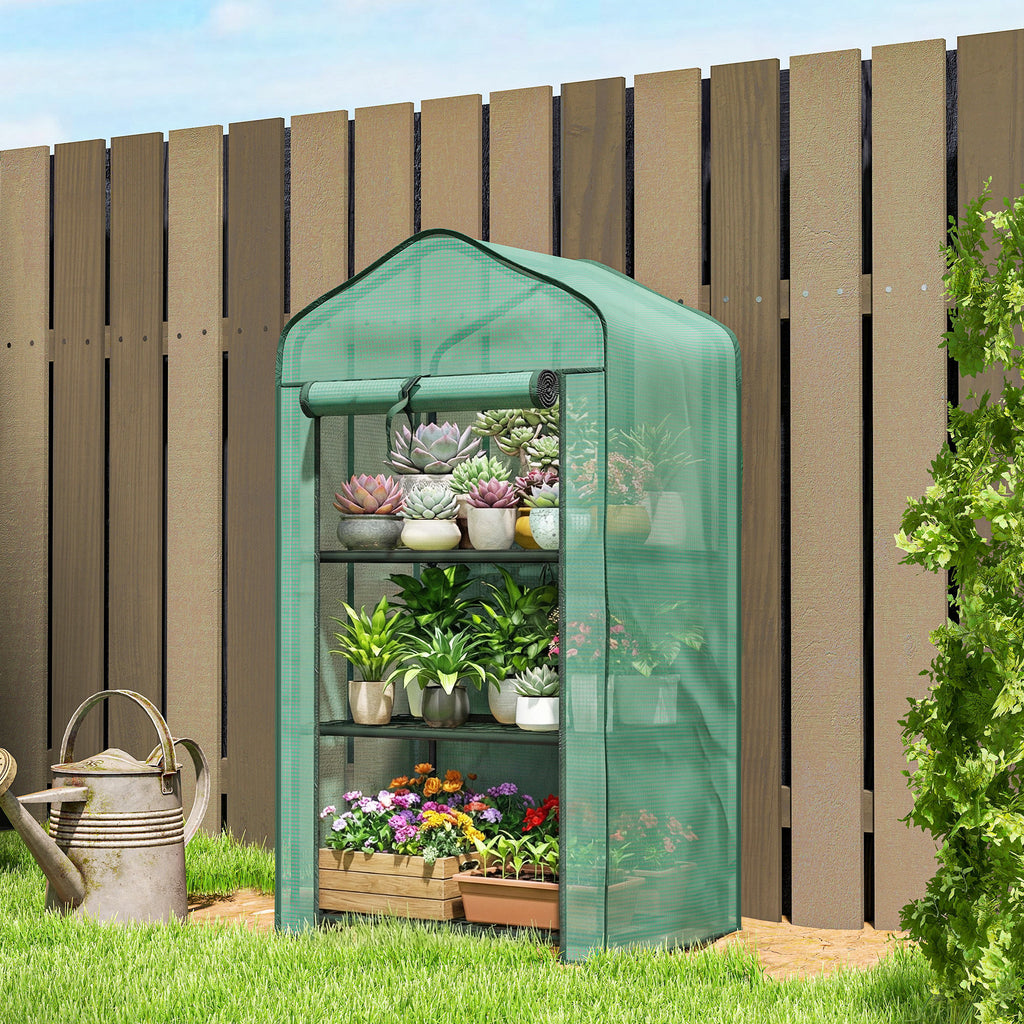 Outsunny Mini Garden Greenhouse with PE Cover, 3 Shelves and Roll-Up Door, 59x39x127cm, Green