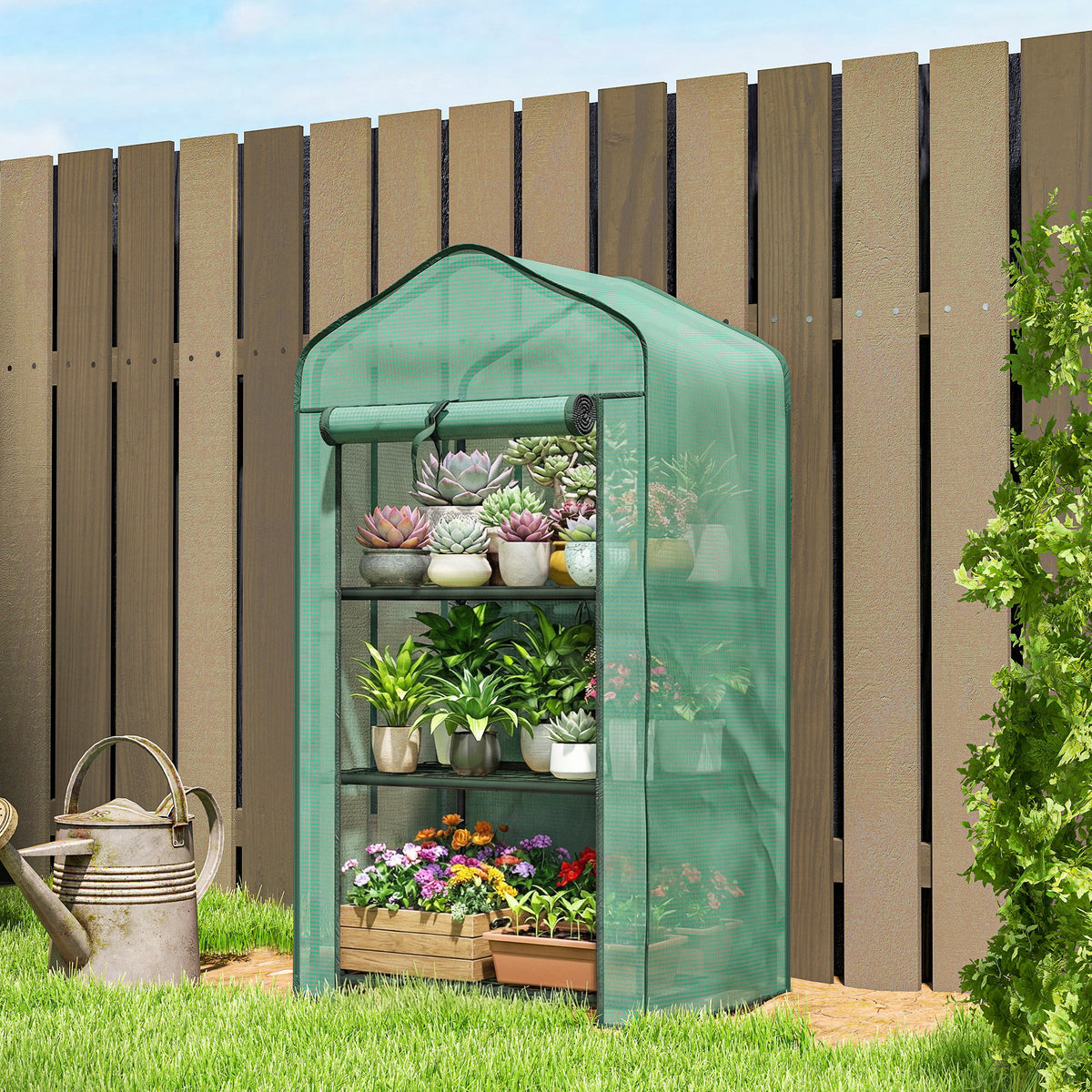 Outsunny Mini Garden Greenhouse with PE Cover, 3 Shelves and Roll-Up Door, 59x39x127cm, Green