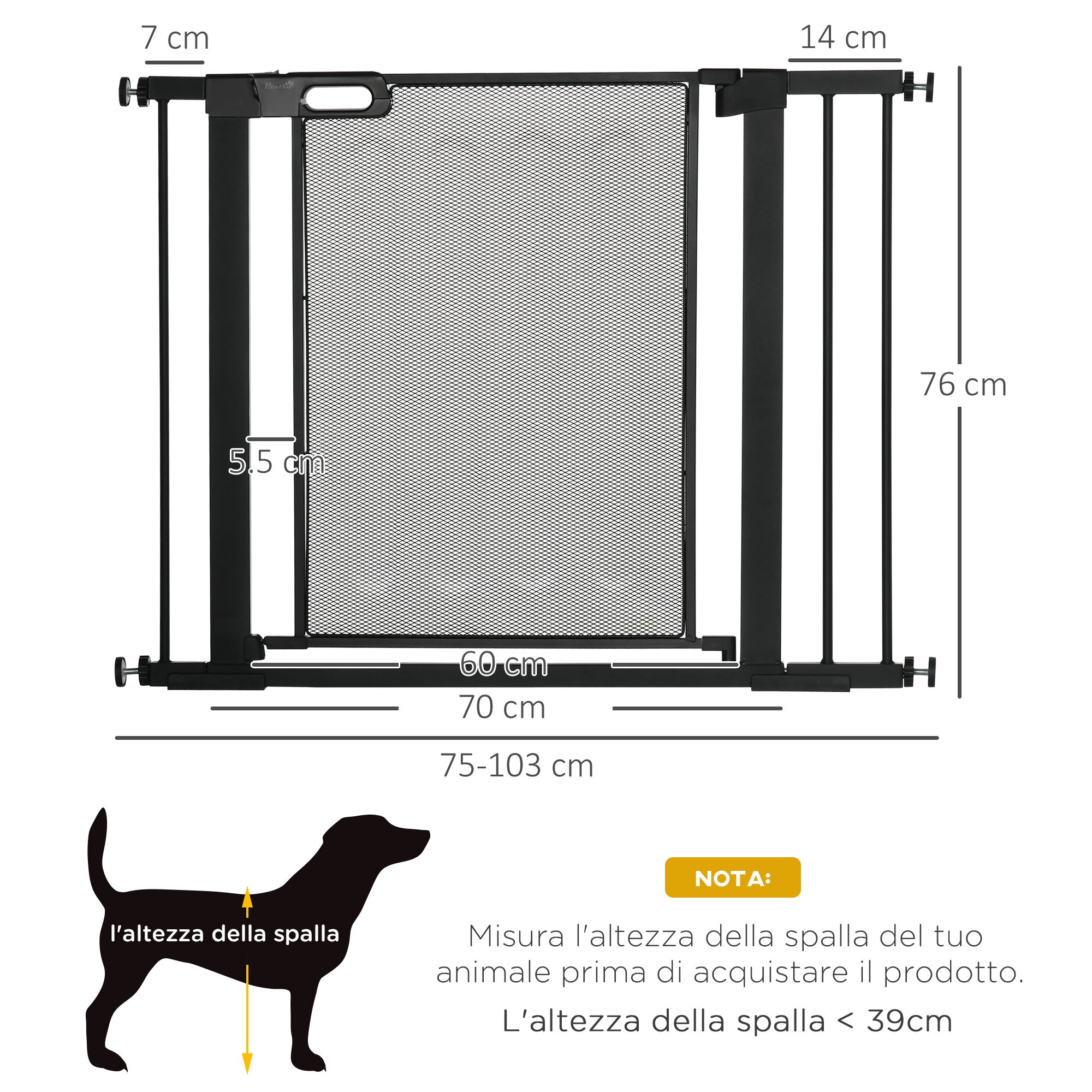 PawHut Extendable Pressure Dog Gate with Automatic Closing, in Steel and ABS, 75-103x76 cm, Black - Borgè