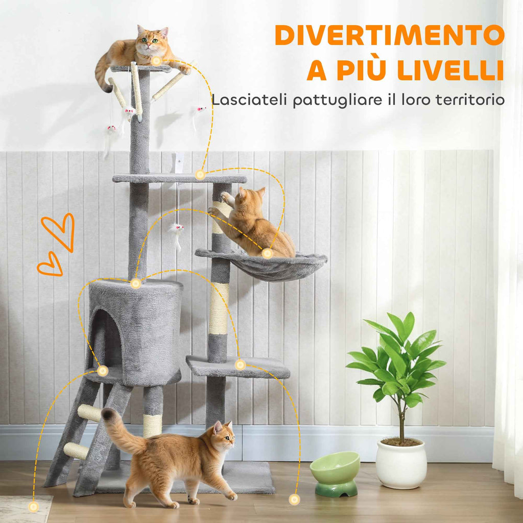 PawHut Cat Tower with House, Perch, Platforms and 4 Mice, Made of Wood, Plush and Sisal, 60x35x134 cm, Grey